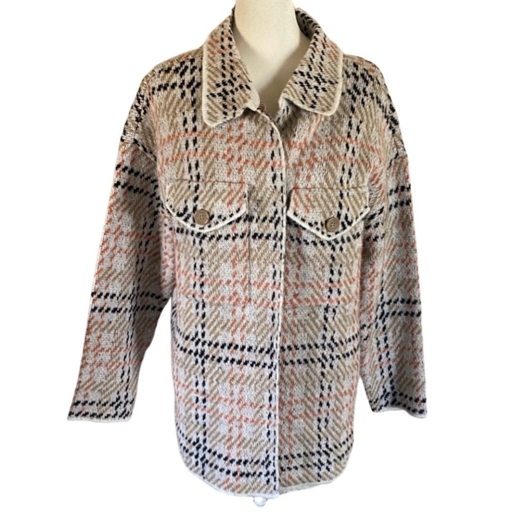 By Design Plaid Open Front Jacket Sweater. Size M. Buttoned Pockets.